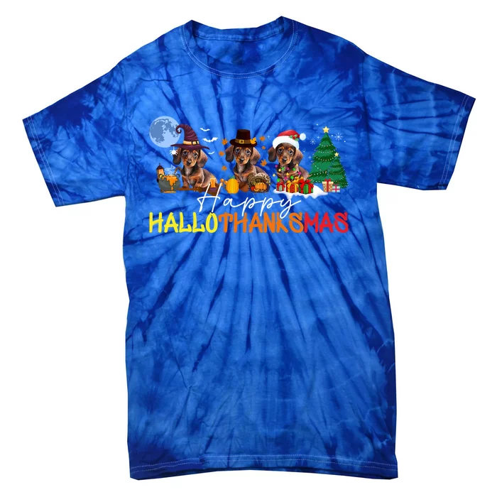 Dachshund Happy Hallothanksmas Halloween Thanksgiving Gift Tie-Dye T-Shirt