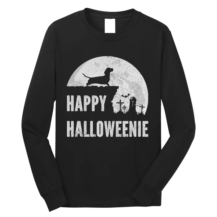 Dachshund Happy Halloweenie Costume Wiener Dog In The Moon Long Sleeve Shirt