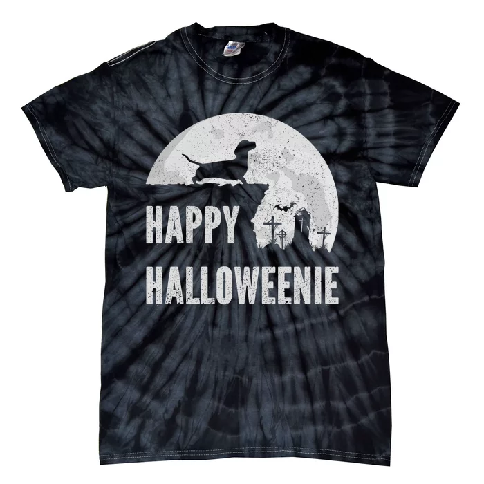 Dachshund Happy Halloweenie Costume Wiener Dog In The Moon Tie-Dye T-Shirt