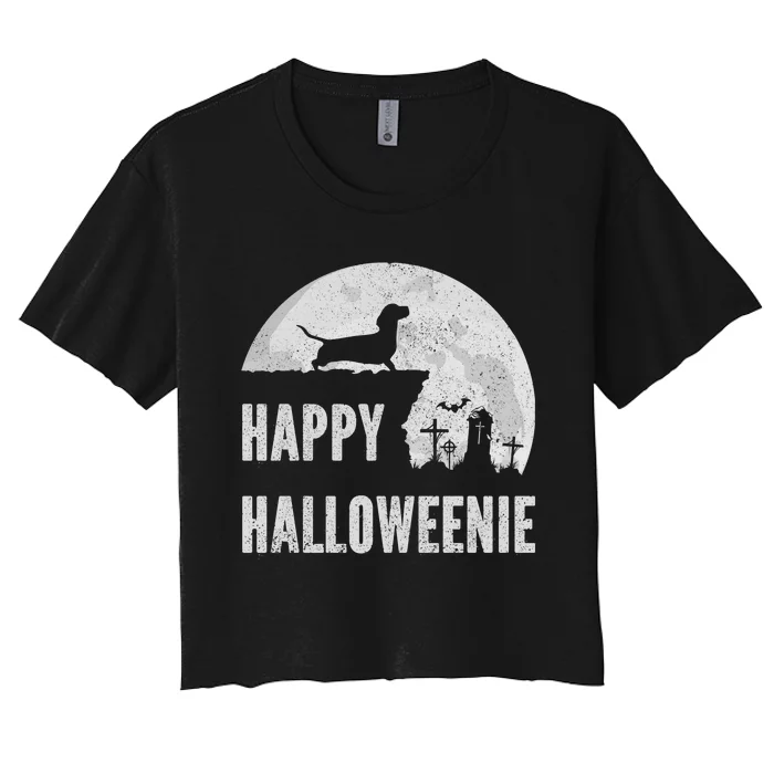 Dachshund Happy Halloweenie Costume Wiener Dog In The Moon Women's Crop Top Tee