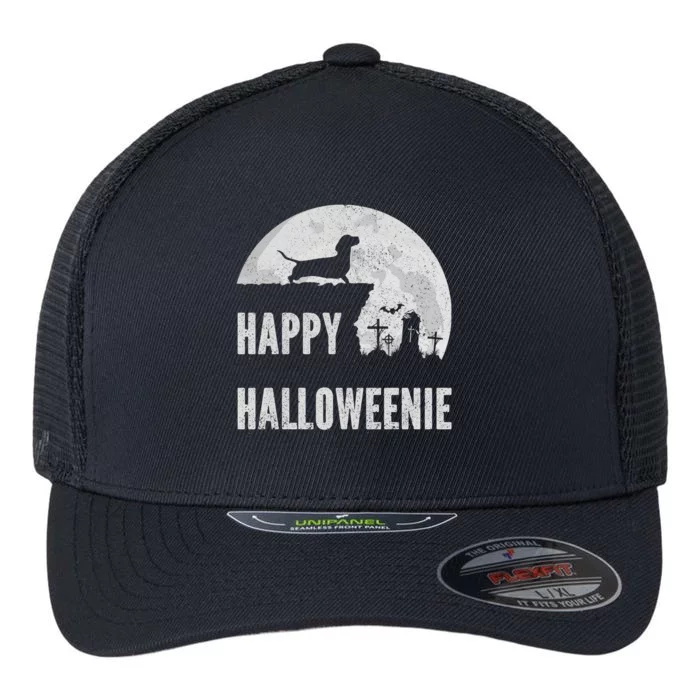 Dachshund Happy Halloweenie Costume Wiener Dog In The Moon Flexfit Unipanel Trucker Cap