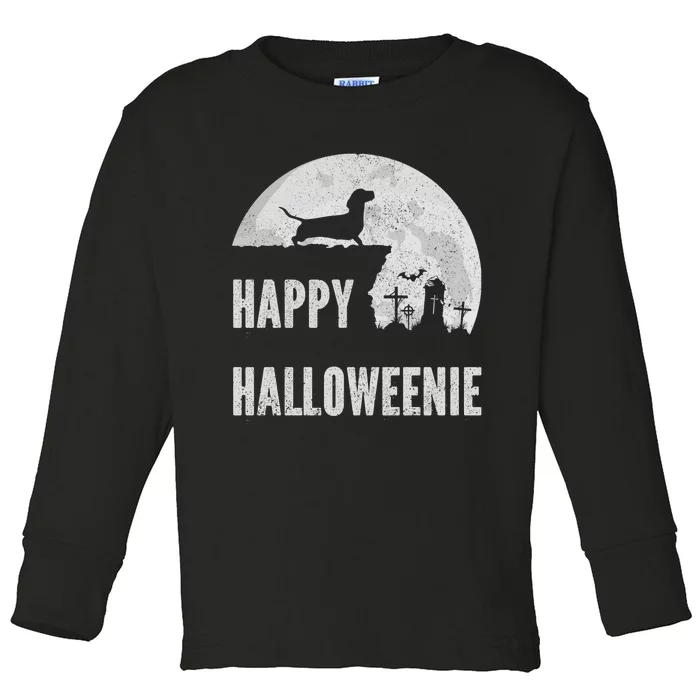 Dachshund Happy Halloweenie Costume Wiener Dog In The Moon Toddler Long Sleeve Shirt