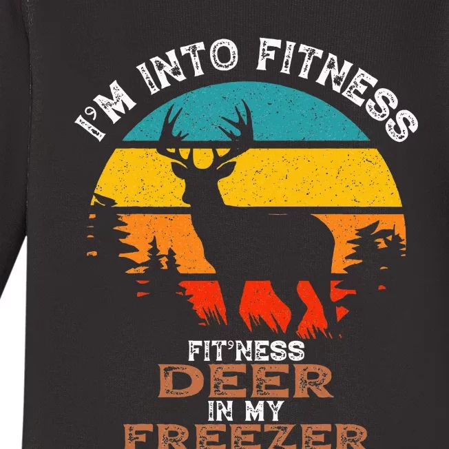 Deer Hunting IM Into Fitness Deer Freezer Funny Hunter Dad Baby Long Sleeve Bodysuit