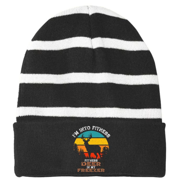 Deer Hunting IM Into Fitness Deer Freezer Funny Hunter Dad Striped Beanie with Solid Band