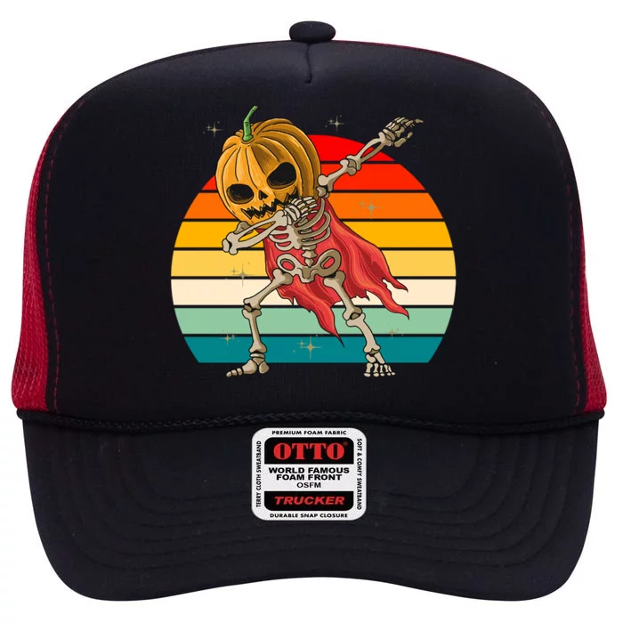 Dabbing Halloween Jackolantern Skeleton Pumpkin Retro Sunset Cool Gift High Crown Mesh Trucker Hat