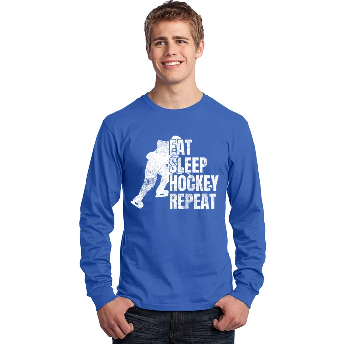 Distressed Hockey Lover Print Eat Sleep Ice Hockey Repeat Gift Long Sleeve Shirt