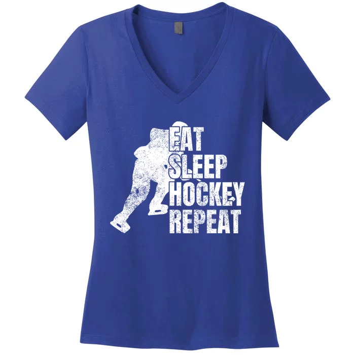 Distressed Hockey Lover Print Eat Sleep Ice Hockey Repeat Gift Women's V-Neck T-Shirt