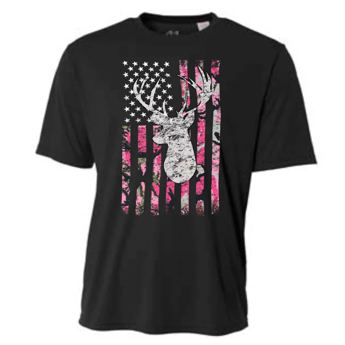 Deer Hunting Pink Camouflage Flag Distressed Gift Cooling Performance Crew T-Shirt