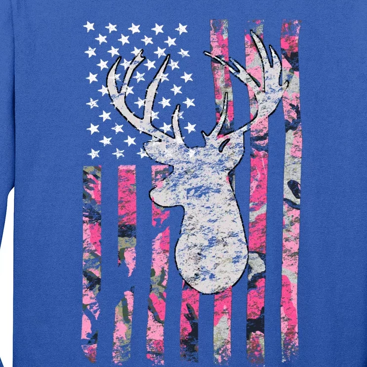 Deer Hunting Pink Camouflage Flag Distressed Gift Long Sleeve Shirt