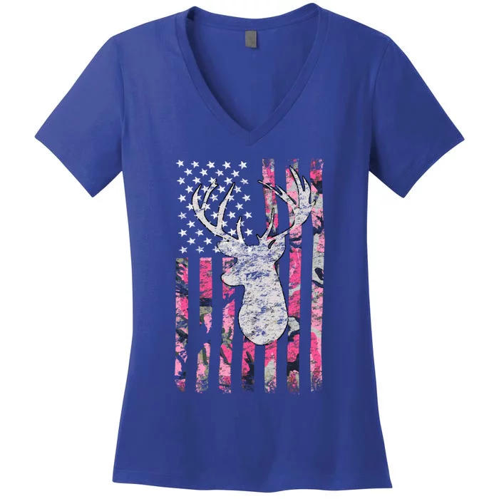 Deer Hunting Pink Camouflage Flag Distressed Cute Gift Women's V-Neck T-Shirt