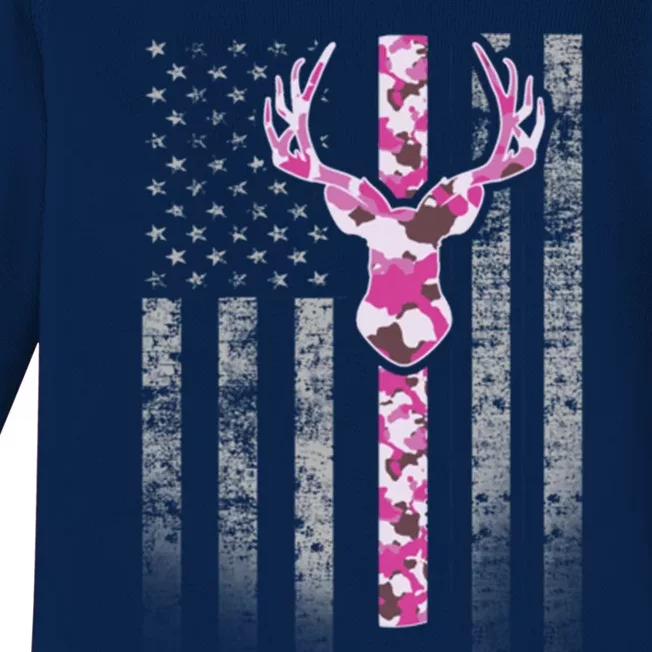 Deer Hunting Pink Camouflage Flag With Camo Deer Antlers Gift Baby Long Sleeve Bodysuit