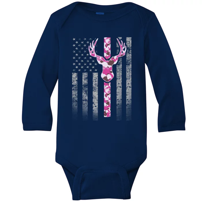 Deer Hunting Pink Camouflage Flag With Camo Deer Antlers Gift Baby Long Sleeve Bodysuit