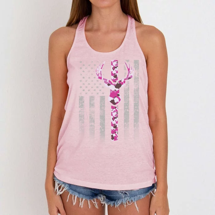 Deer Hunting Pink Camouflage Flag With Camo Deer Antlers Gift Women's Knotted Racerback Tank