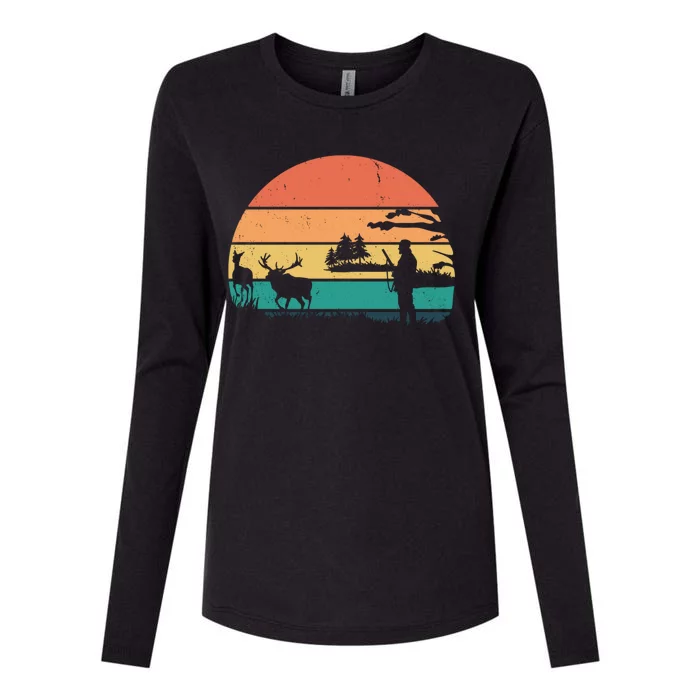 Deer Hunting Retro Sunset Nature Womens Cotton Relaxed Long Sleeve T-Shirt