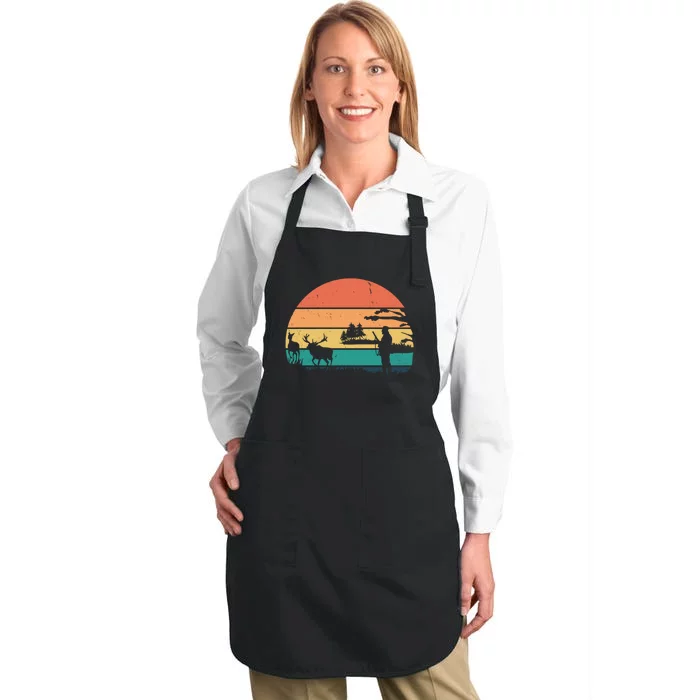 Deer Hunting Retro Sunset Nature Full-Length Apron With Pocket