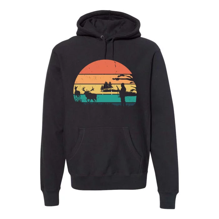 Deer Hunting Retro Sunset Nature Premium Hoodie