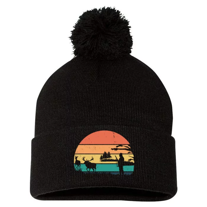 Deer Hunting Retro Sunset Nature Pom Pom 12in Knit Beanie