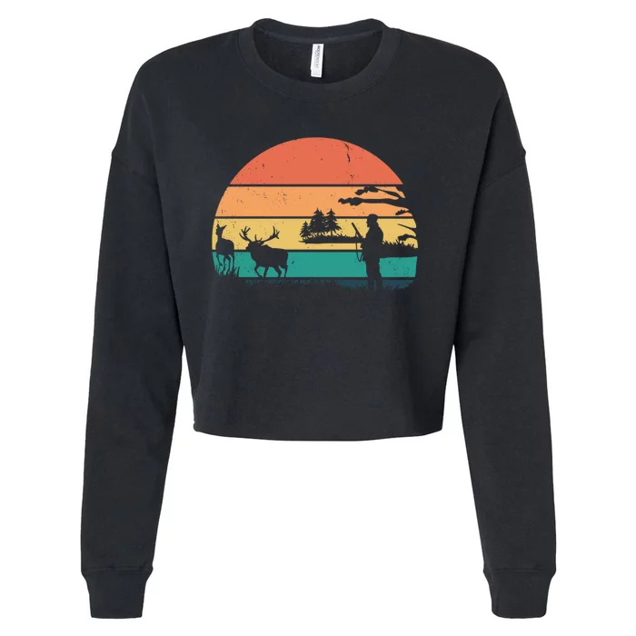 Deer Hunting Retro Sunset Nature Cropped Pullover Crew