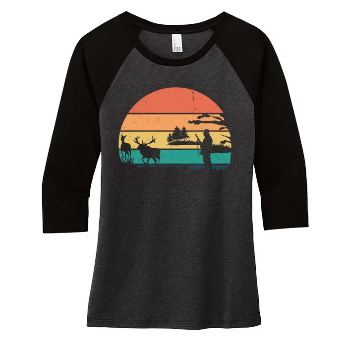 Deer Hunting Retro Sunset Nature Women's Tri-Blend 3/4-Sleeve Raglan Shirt