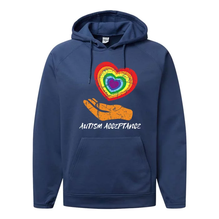 Distressed Heart Rainbow Design Acceptance Utism Gift Performance Fleece Hoodie