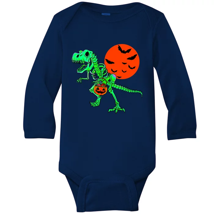 Dinosaur Halloween Scary Trex Skeleton Pumpkin Great Gift Baby Long Sleeve Bodysuit