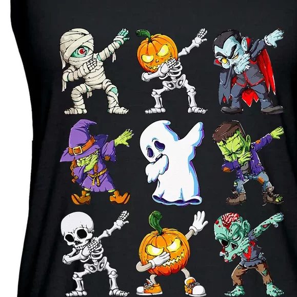 Dabbing Halloween Skeleton Zombie Pumpkin Mummy Kids Ladies Essential Flowy Tank