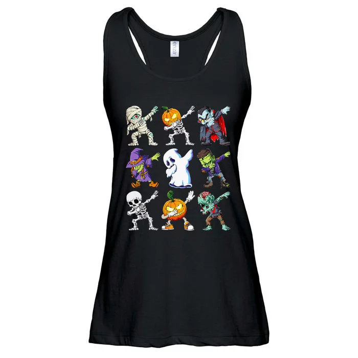 Dabbing Halloween Skeleton Zombie Pumpkin Mummy Kids Ladies Essential Flowy Tank