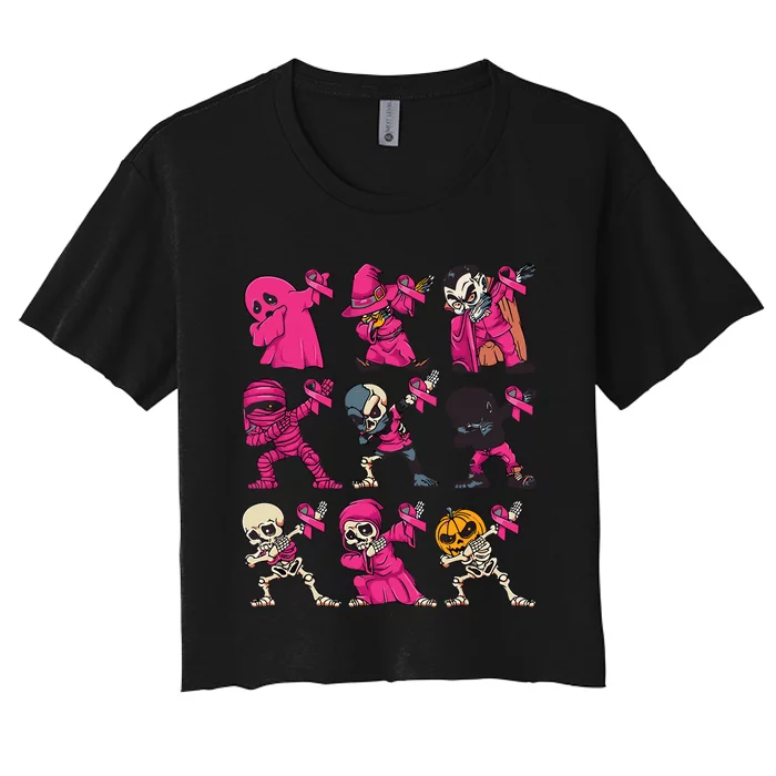 Dabbing Halloween Skeleton Pumpkin Breast Cancer Awareness Women's Crop Top Tee