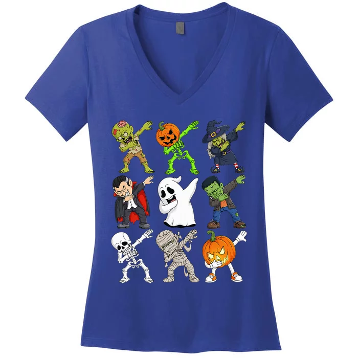 Dabbing Halloween Skeleton Zombie Scary Pumpkin Vampire Women's V-Neck T-Shirt