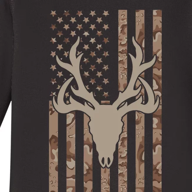 Deer Hunting Skull American Camo USA Flag Whitetail Hunting Baby Long Sleeve Bodysuit