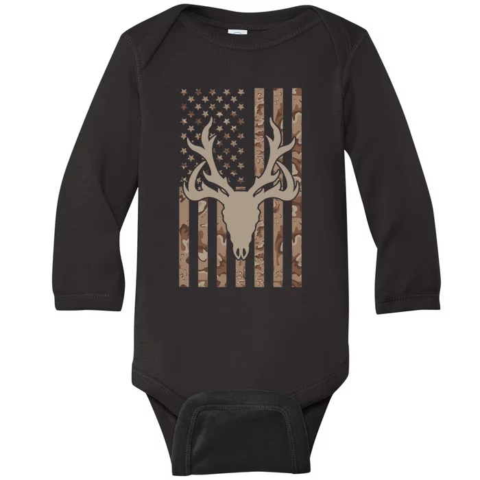 Deer Hunting Skull American Camo USA Flag Whitetail Hunting Baby Long Sleeve Bodysuit