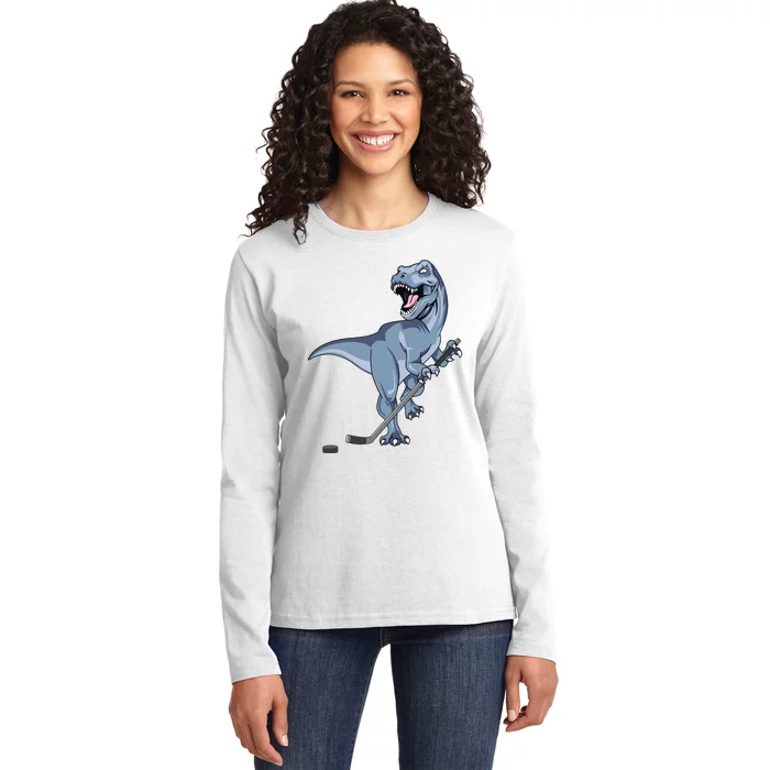 Dinosaur Hockey Stick Puck Goal Goalie Trex Trex Player Ladies Long Sleeve Shirt