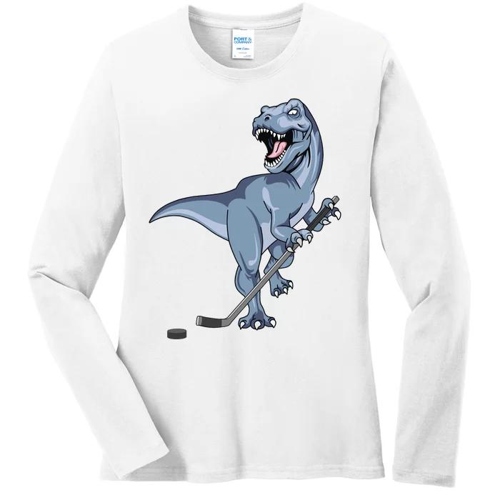 Dinosaur Hockey Stick Puck Goal Goalie Trex Trex Player Ladies Long Sleeve Shirt