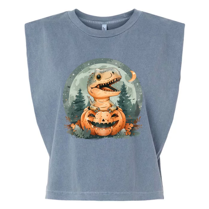 Dinosaur Halloween Trex Emerging From Pumpkin Funny Gift Garment-Dyed Women's Muscle Tee