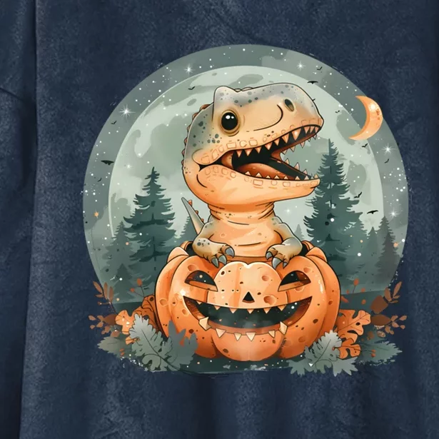 Dinosaur Halloween Trex Emerging From Pumpkin Funny Gift Hooded Wearable Blanket