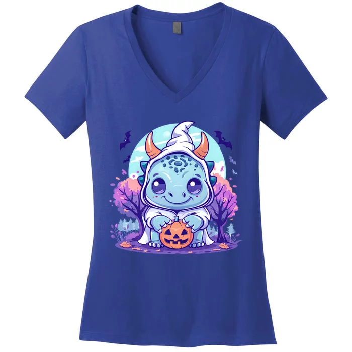 Dinosaur Halloween Triceratops In A Ghost Costume Great Gift Women's V-Neck T-Shirt