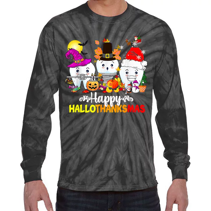 Dental Halloween Thanksgiving Christmas Happy Hallothanksmas Tie-Dye Long Sleeve Shirt