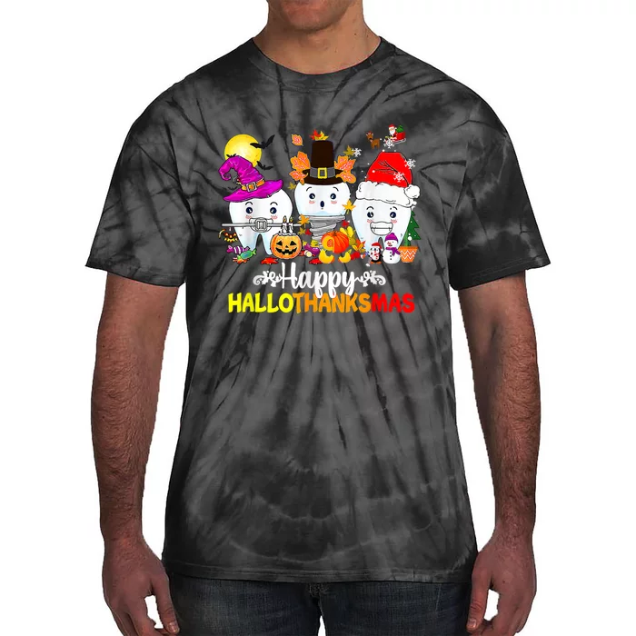 Dental Halloween Thanksgiving Christmas Happy Hallothanksmas Tie-Dye T-Shirt