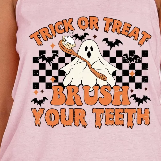 Dental Halloween Trick Or Treat Brush Your Teeth Funny Ghost Gift Women's Knotted Racerback Tank