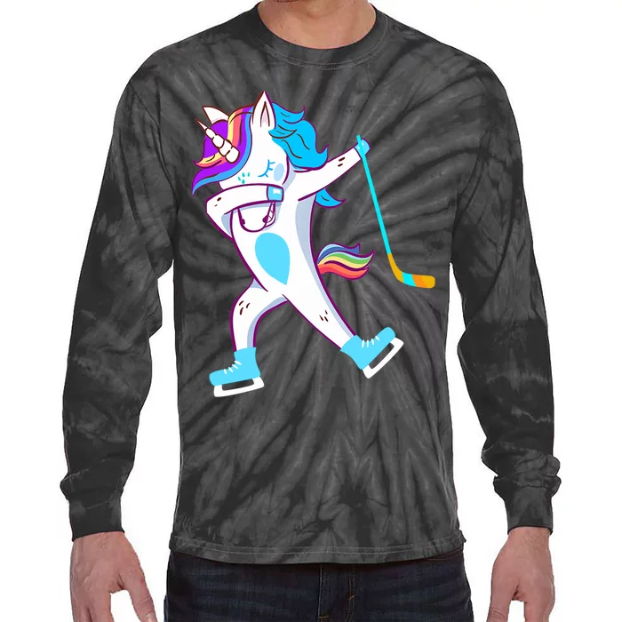 Dabbing Hockey Unicorn Puck Girls Cool Ice Hockey Tie-Dye Long Sleeve Shirt