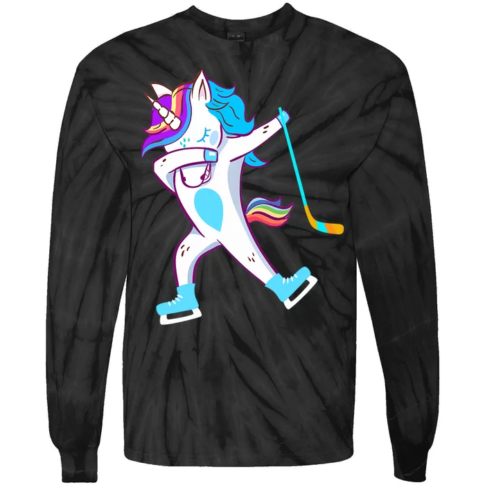 Dabbing Hockey Unicorn Puck Girls Cool Ice Hockey Tie-Dye Long Sleeve Shirt