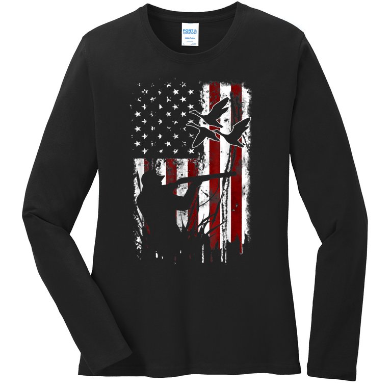 Duck Hunting Vintage American USA Flag 4th Of July Hunter Ladies Missy Fit Long Sleeve Shirt
