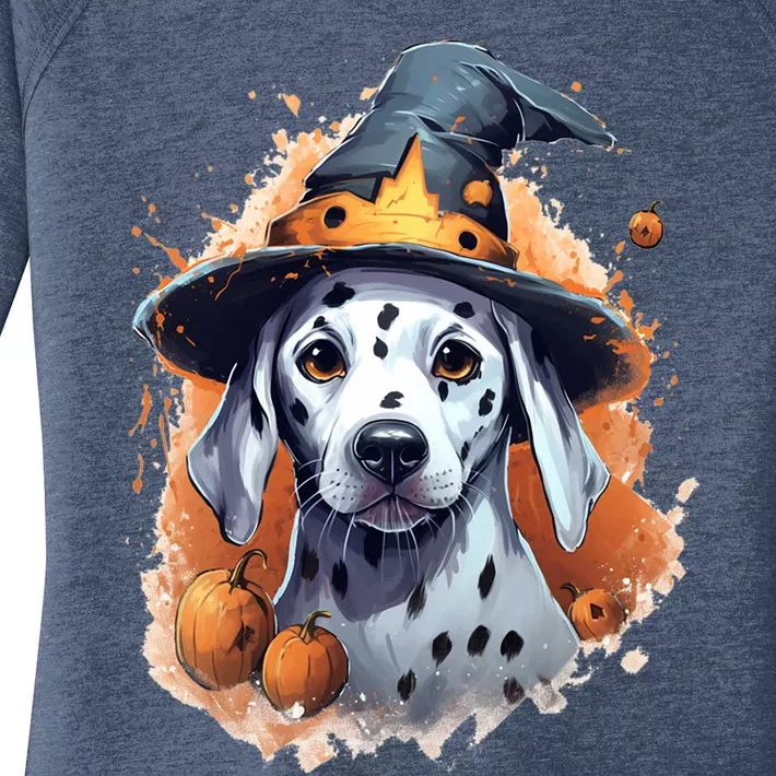 Dalmatian Halloween Witch Pumpkin Dog Lover Cute Gift Women's Perfect Tri Tunic Long Sleeve Shirt