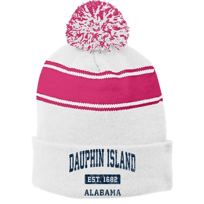 Dauphin Island Alabama Al Vintage Sports Established Stripe Pom Pom Beanie