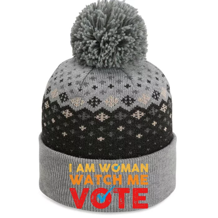 Distressed I Am Woman Watch Me Vote The Baniff Cuffed Pom Beanie