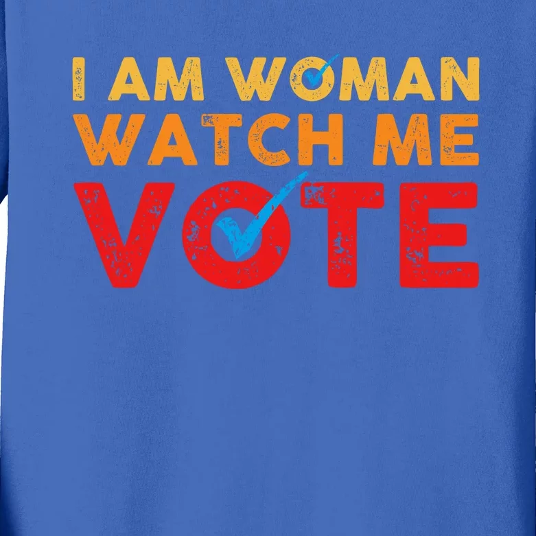 Distressed I Am Woman Watch Me Vote Kids Long Sleeve Shirt