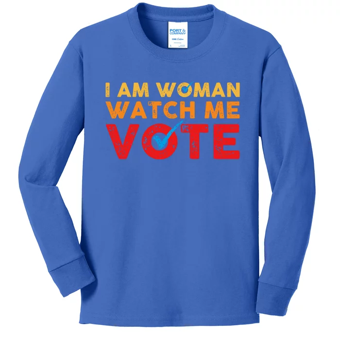 Distressed I Am Woman Watch Me Vote Kids Long Sleeve Shirt