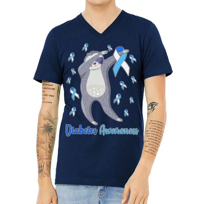 Diabetes Awareness Dabbing Sloth V-Neck T-Shirt