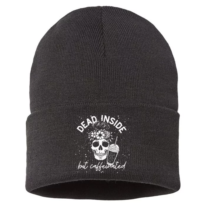 Dead Inside But Caffeinated Mom Skull Flower Coffee Lover Sustainable Knit Beanie