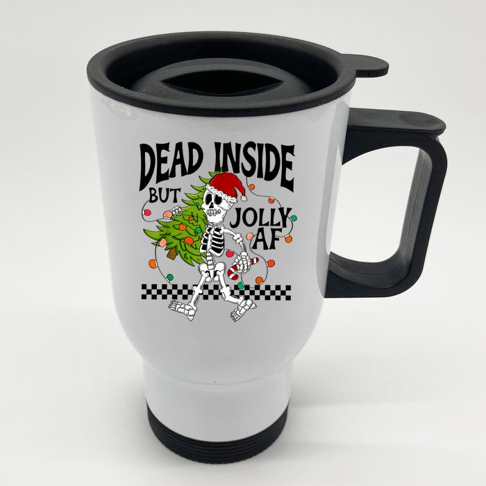 Dead Inside But Jolly Af Funny Skeleton Christmas Tree Retro Cute Gift Front & Back Stainless Steel Travel Mug